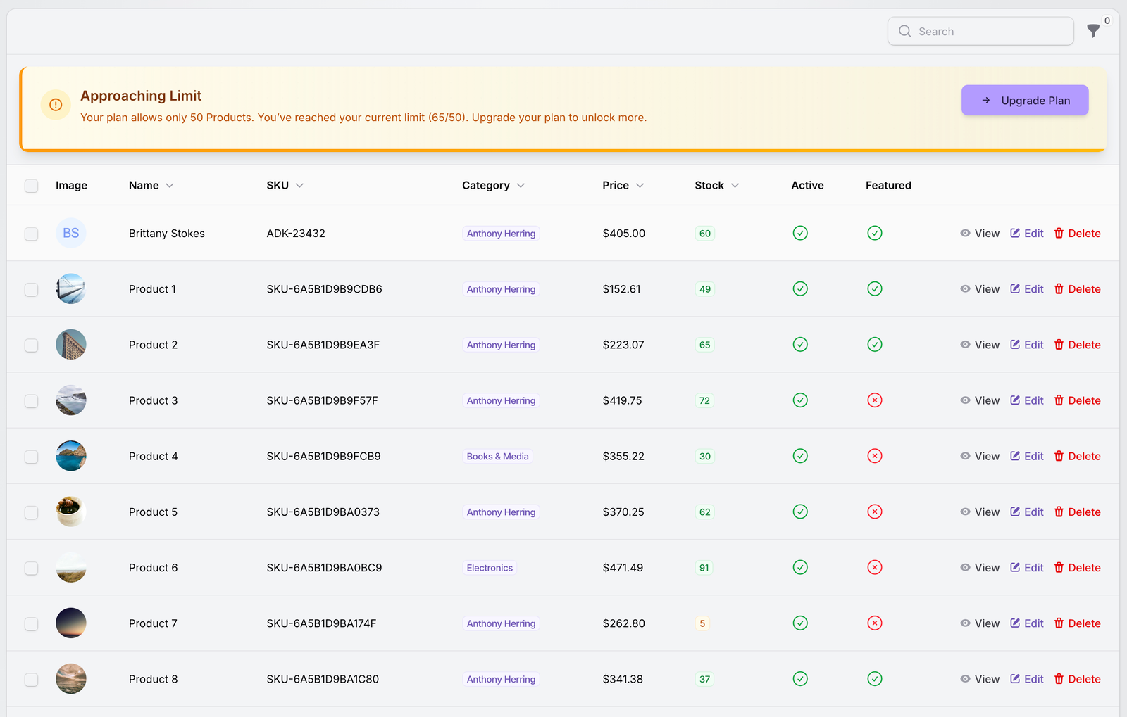 TenantSaaS Products table showing product images, names, SKUs, categories, prices, stock, active state, featured state, and product actions.
